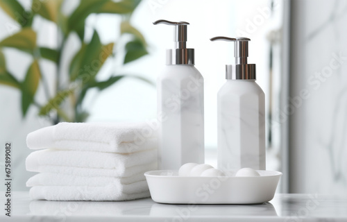soap and shampoo on white marble sink on white
