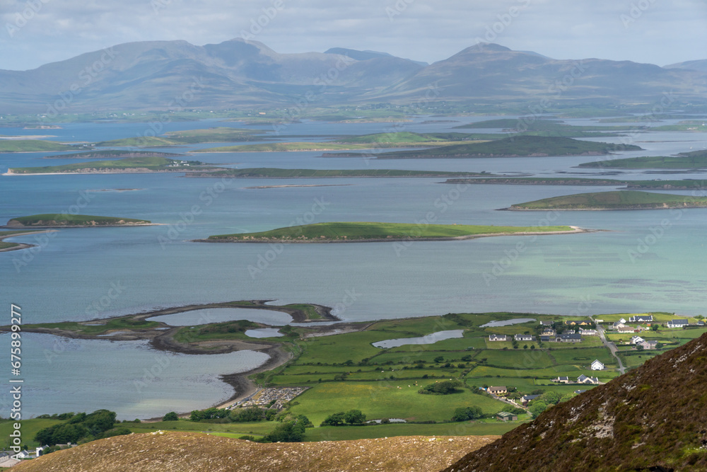 Westport bay and islands with farms and beaches . Croagh Patrick Mountain in County Mayo, Ireland