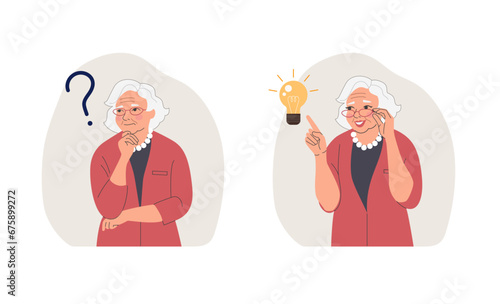 Elderly woman surrounded by a question mark and finding new idea. Shiny light bulb. Flat style cartoon vector illustration.