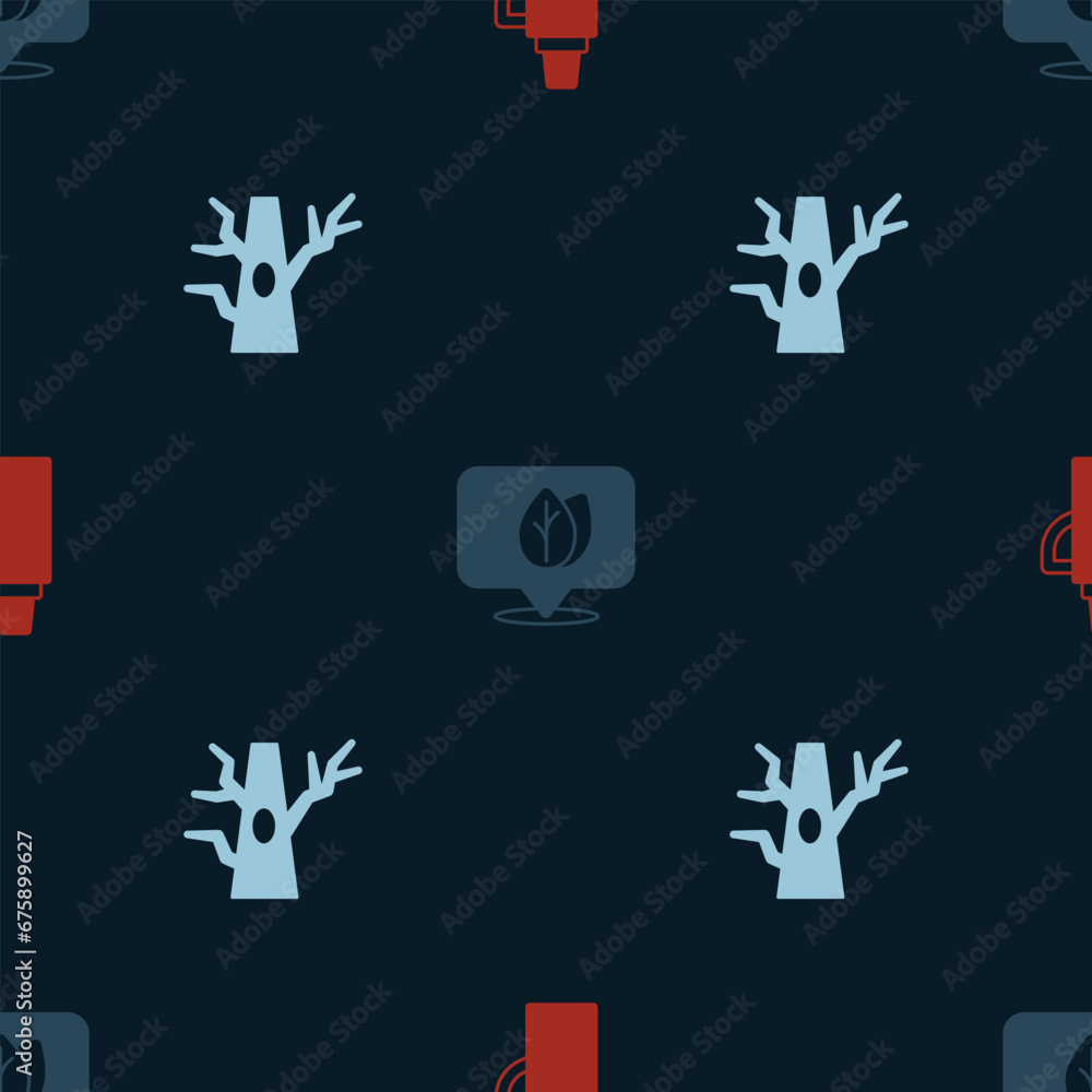 Set Thermos container, Location with leaf and Bare tree on seamless pattern. Vector Set Thermos container, Location with leaf and Bare tree on seamless pattern. Vector