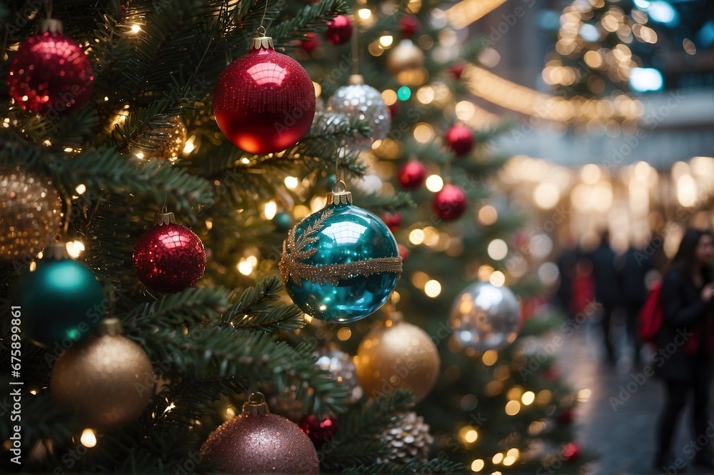 Christmas tree decorations and baubles, Generative AI image. Christmas tree decorations and baubles, Generative AI image.