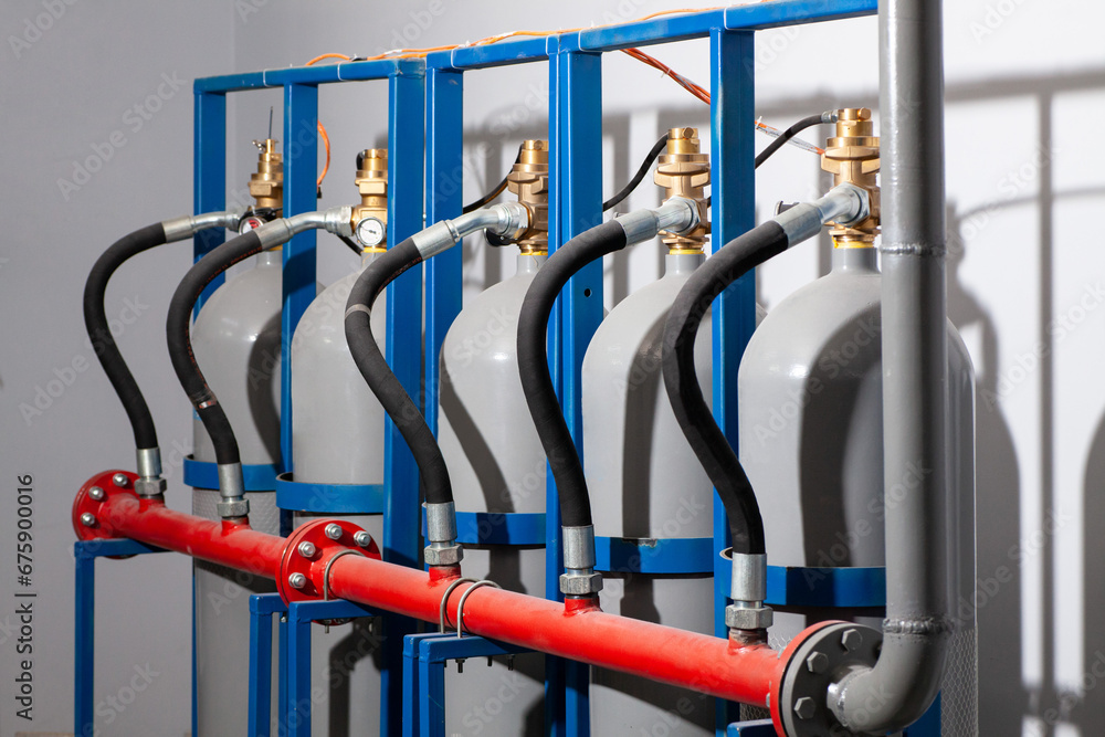 Gas cylinders for fire suppression. Safety equipment for fire control. Gas cylinders for fire suppression. Safety equipment for fire control.