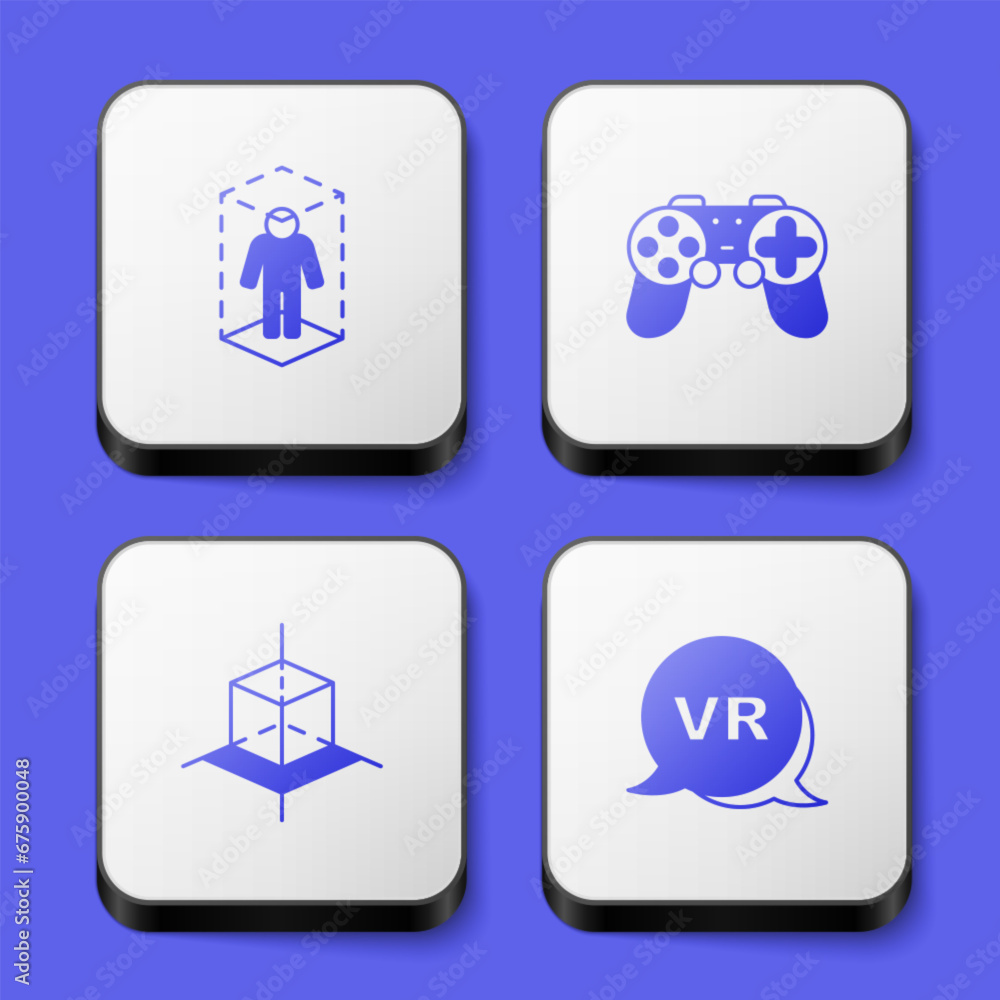Set 3d modeling, Gamepad, and Virtual reality icon. White square button. Vector Set 3d modeling, Gamepad, and Virtual reality icon. White square button. Vector