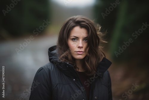 Beautiful young woman in a raincoat looking at the camera with a serious expression