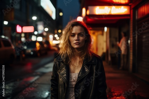 Young woman in a black leather jacket on the street at night.