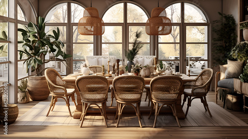Chic Dining Space with Macramé Accents - Mix-and-Match Chairs and Earthy Tones for Relaxed and Artsy Gathering Area