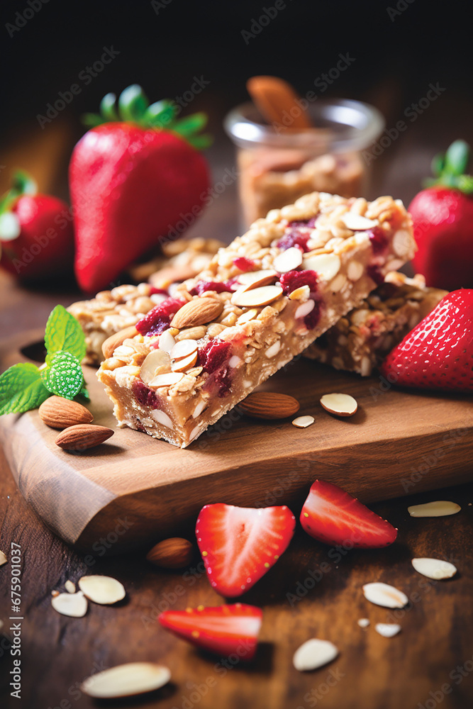 Almond nut bar with strawberries generated.AI Almond nut bar with strawberries generated.AI