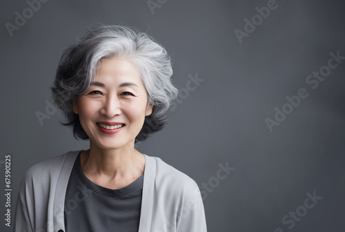 Frontal Portrait of a Beautiful Middle-Aged Asian Woman with a Confident and Optimistic Smile, Gray Hair