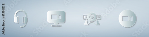 Set Headphones, Video chat conference, Web camera and . Paper art style. Vector