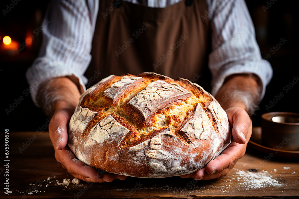 Close-up crop of male hands holding a Homemade sourdough bread above old wooden table.