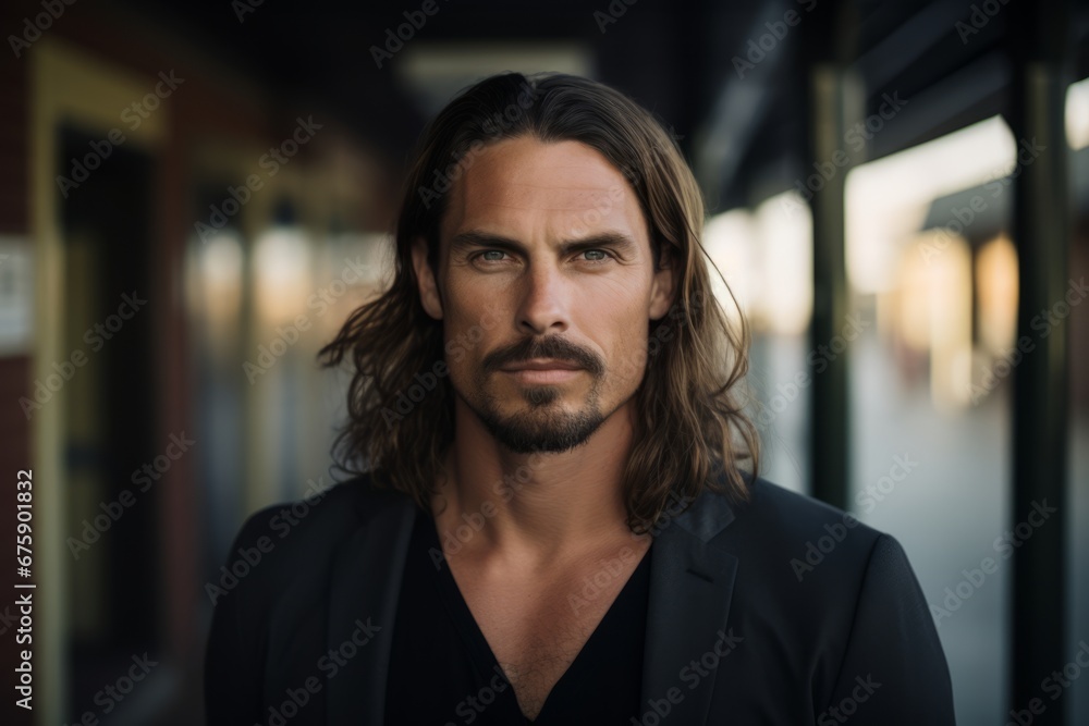 Portrait of a handsome man with long hair in a black jacket Portrait of a handsome man with long hair in a black jacket