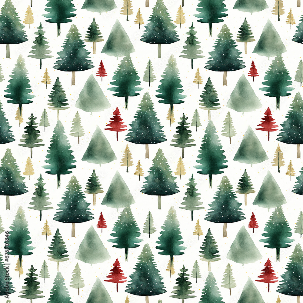 Pretty watercolour style seamless repeating pattern of green christmas trees, with the occasional red tree, great for stationery and fabric.