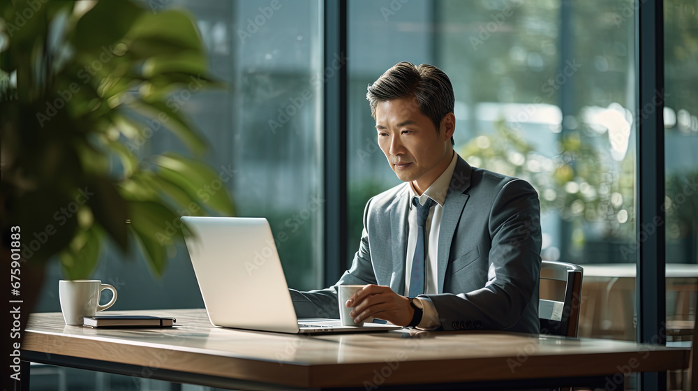 A old asian senior CEO is sitting in a coffee shop with coffee in a warm atmosphere in a business office area. A old asian senior CEO is sitting in a coffee shop with coffee in a warm atmosphere in a business office area.