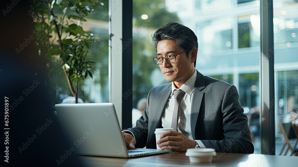 A old asian senior CEO is sitting in a coffee shop with coffee in a warm atmosphere in a business office area. A old asian senior CEO is sitting in a coffee shop with coffee in a warm atmosphere in a business office area.
