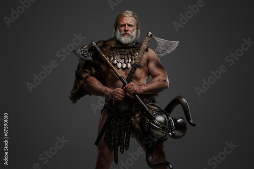 Photos Grizzled elderly Viking warrior, displaying strength and wisdom, clad in furs an