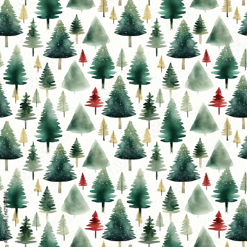 Pretty watercolour style seamless repeating pattern of green christmas trees  with the occasional red tree  great for stationery and fabric.