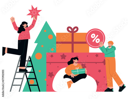 People prepare to celebrate Christmas with gifts. Flat vector illustration of winter holidays (ID: 675902003)