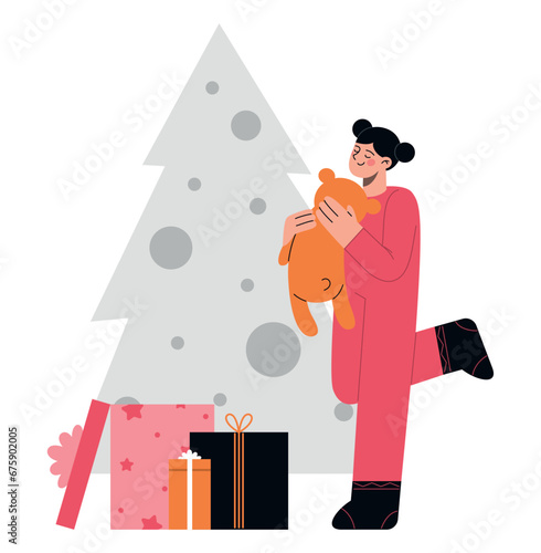 Happy girl opens her Christmas present. Flat vector illustration of winter holidays (ID: 675902005)