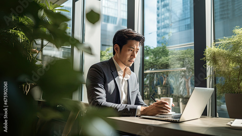 A old senior CEO is sitting in a coffee shop with coffee in a warm atmosphere in a business office area.