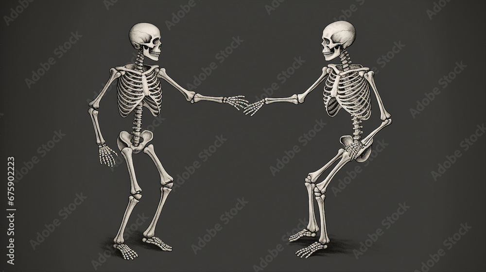 Skeleton Engraving of a Couple Holding Hands in Vintage Style