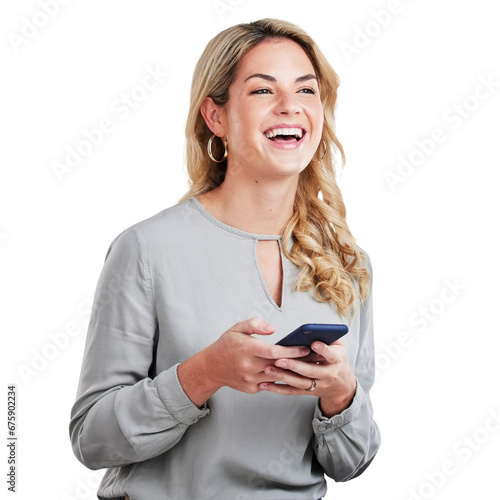 Happy woman, laughing and phone for funny joke isolated on a transparent PNG background. Female person or model smile and laugh with mobile smartphone for fun online discussion, meme or social media