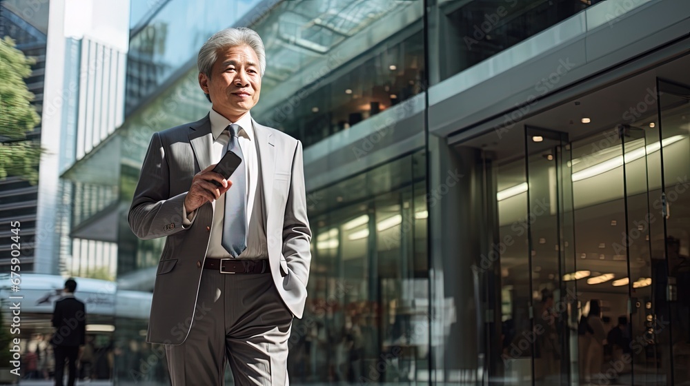 asian businees man stand with phone and coffee in the business district at the street asian businees man stand with phone and coffee in the business district at the street