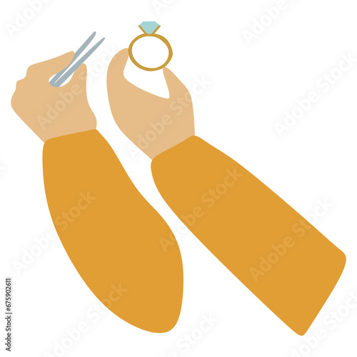 Vector illustration of Hands with tweezers and Ring with gemstone. The manufacture of Jewelry. Vector illustration in a flat design. Creative hobby, Handmade Isolated on a white background.
