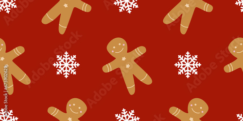 Seamless Christmas pattern with Gingerbread man and snowflake on red background. Holiday colors Vector Background. Flat style illustration, Template for Wrapping paper, Cover, Banner, Card, Decoration