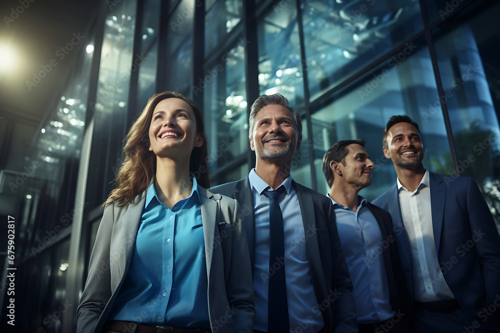 Obraz premium In the office, the business team exudes confidence and professionalism, arms casually crossed, reflecting a harmonious and relaxed work environment. Generative AI.