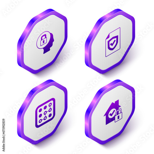 Set Isometric Lock, Contract with shield, Graphic password protection and House under icon. Purple hexagon button. Vector