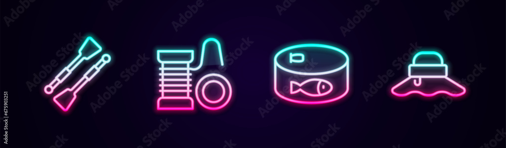 Set line Oars or paddles boat, Spinning reel for fishing, Canned and Fisherman hat. Glowing neon icon. Vector