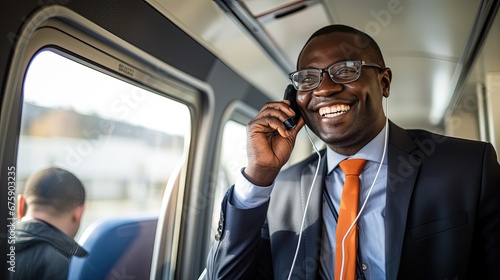 Office handsome man of African descent Or executives are talikng with phone in Public transportation on the way to work to meet with clients