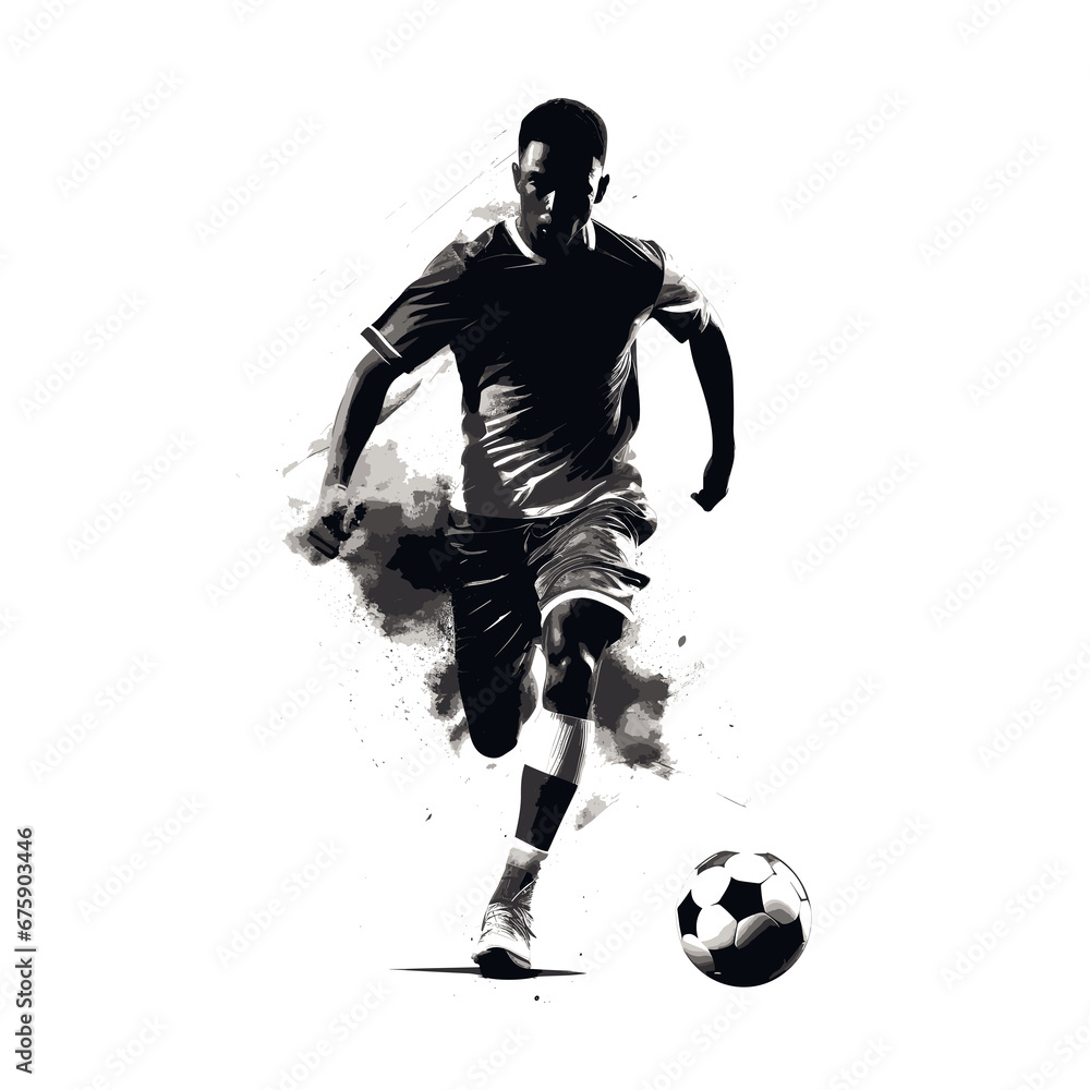 Silhouette of man playing soccer, running, kicking the soccer ball