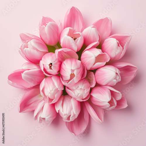  Bouquet of pink tulips in vase on pink background 