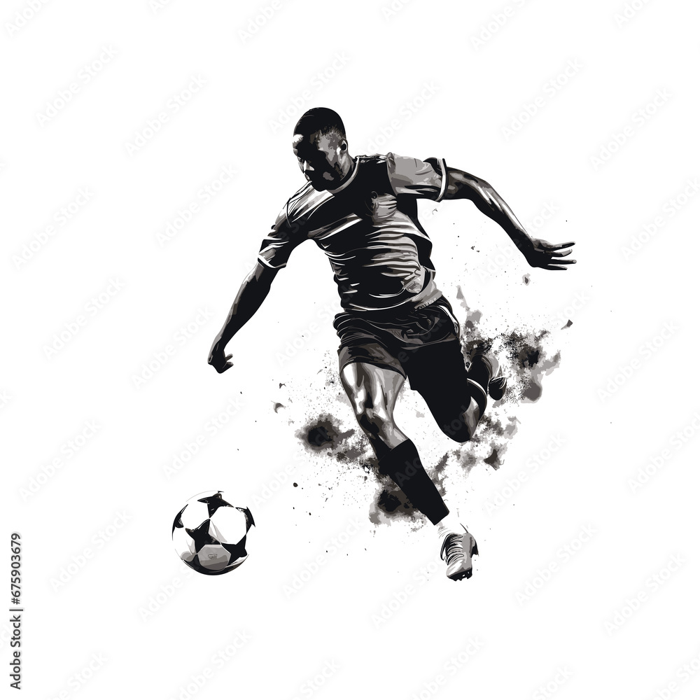 Silhouette of man playing soccer, running, kicking the soccer ball