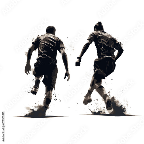 Silhouette of couple of soccer players  running  kicking the soccer ball