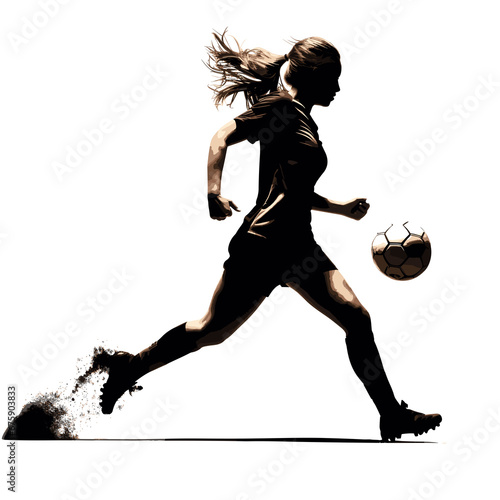 Silhouette of woman playing soccer, running, kicking the soccer ball photo