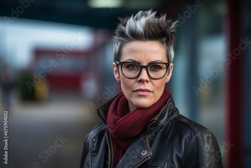 Portrait of a beautiful woman with short hair wearing glasses and a red scarf © Nerea
