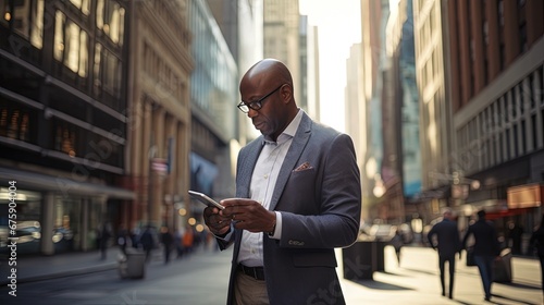Office handsome man of African descent Or executives are standing and walking on the street using their phones to make transactions, for example. fintech in a business district with tall buildings
