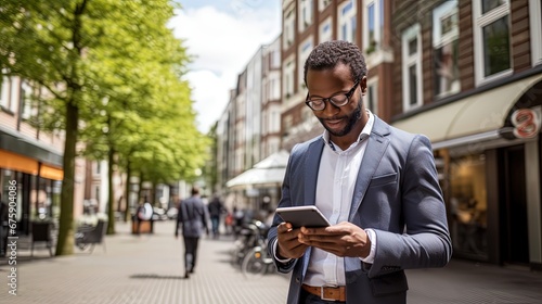 Office handsome man of African descent Or executives are standing and walking on the street using their phones to make transactions, for example. fintech in a business district with tall buildings photo