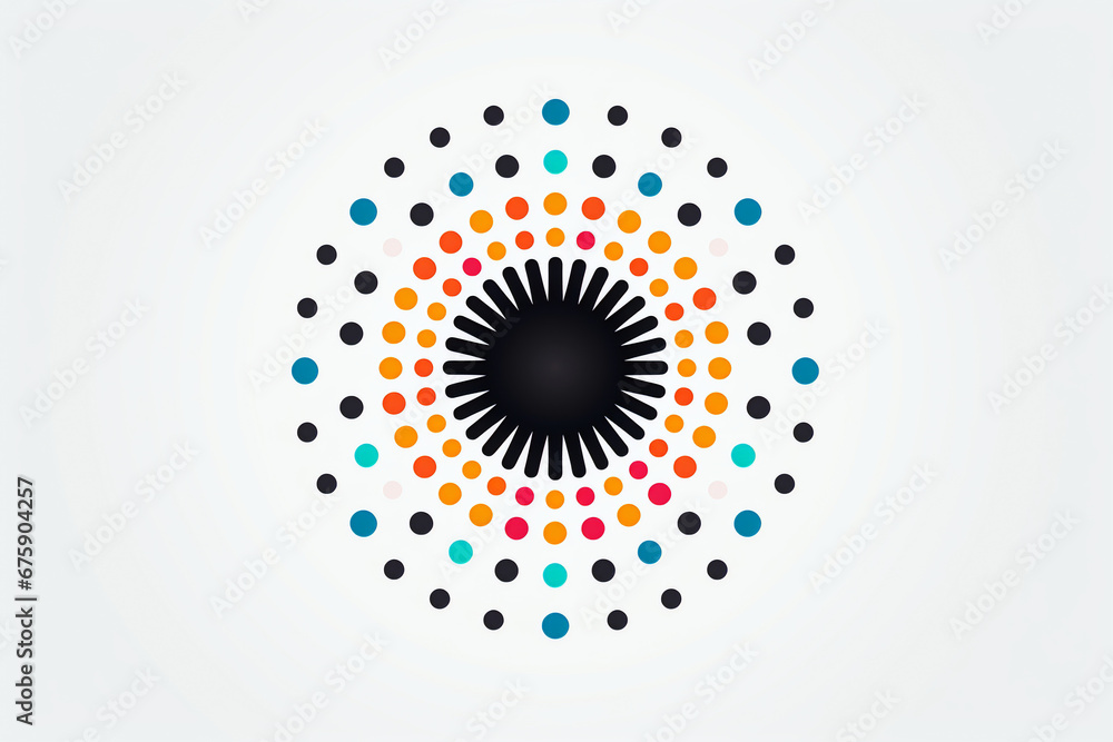 Multicolored radial pattern with black center on white background