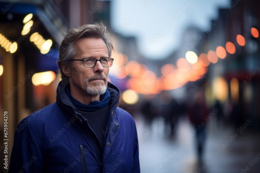 Handsome middle-aged man in blue jacket and eyeglasses on the city street at night. Handsome middle-aged man in blue jacket and eyeglasses on the city street at night.