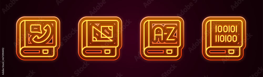 Set line Phone book, Book about geometry, Translator and Books programming. Glowing neon icon. Vector Set line Phone book, Book about geometry, Translator and Books programming. Glowing neon icon. Vector