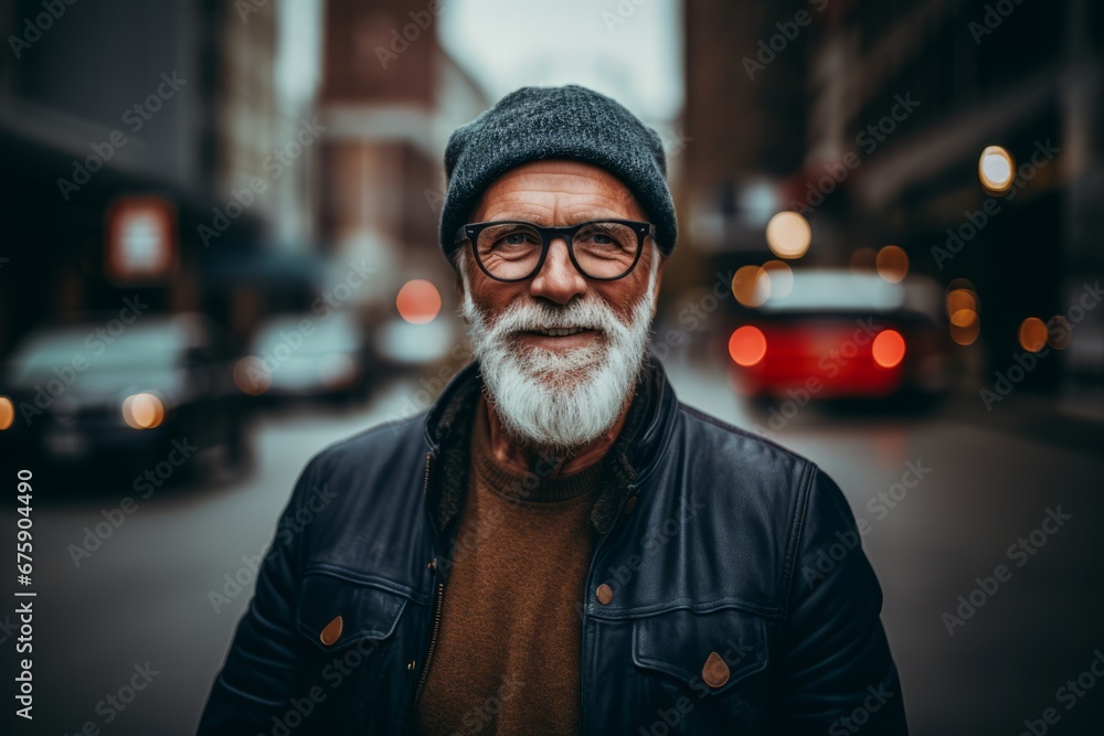 Portrait of a senior man with gray beard and eyeglasses in a city street. Portrait of a senior man with gray beard and eyeglasses in a city street.