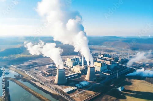 Aerial View of Coal Power Plant with air pollution with huge factory smoke