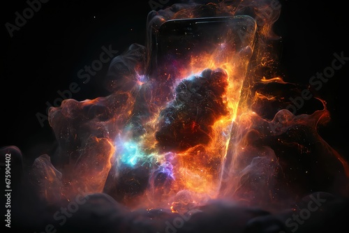 AI generated illustration of a mobile phone illuminated by a vibrant explosion photo