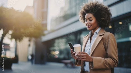 Office girl of African descent Or executives are standing and walking on the street using their phones to make transactions  for example. fintech in a business district with tall buildings