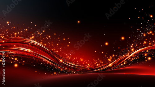 Abstract shiny golden color wave design element with glitter defocused bokeh effect on dark red background. Christmas texture.