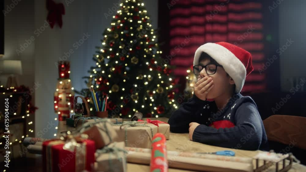 Child falling asleep under Christmas tree and lights off Child falling asleep under Christmas tree and lights off