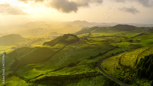 Green fields and meadows on the Portuguese island of São Miguel in the Azores in the early morning sun